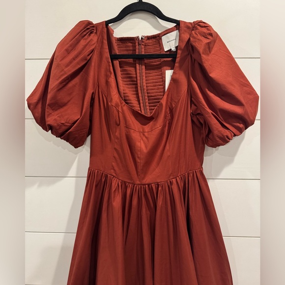 NWT Reformation Everlyn Puff Sleeve Stretch Organic Cotton Maxi Dress in rust - Picture 6 of 10